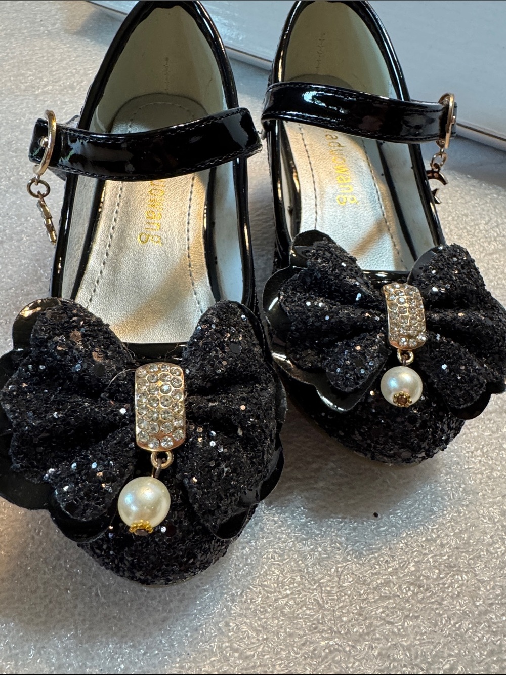 Black Glitter Mary Jane Heels with Bow Detail